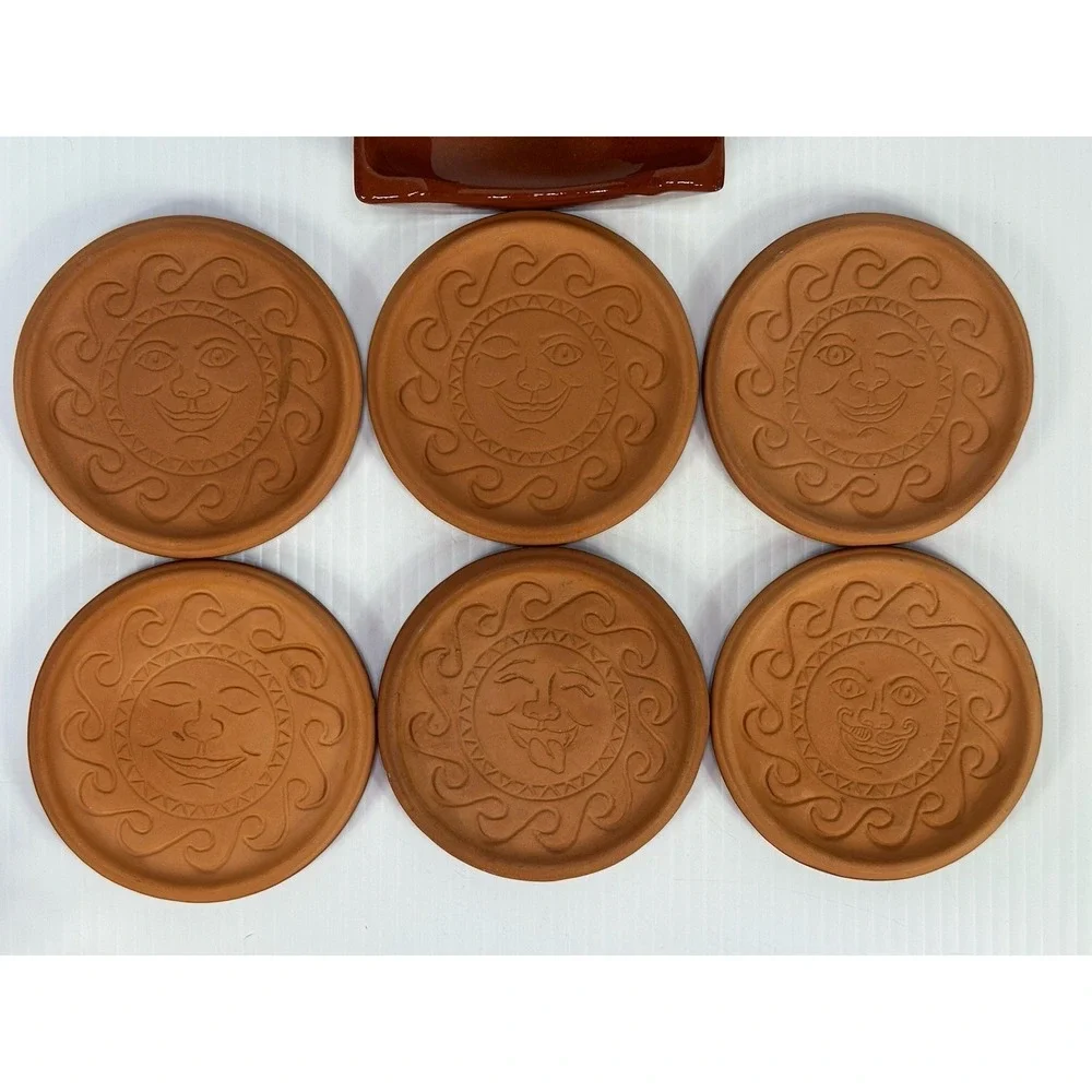 Vintage Wieland Ware Terracotta Sun Face Terra Cotta Celestial 6 Coasters Holder